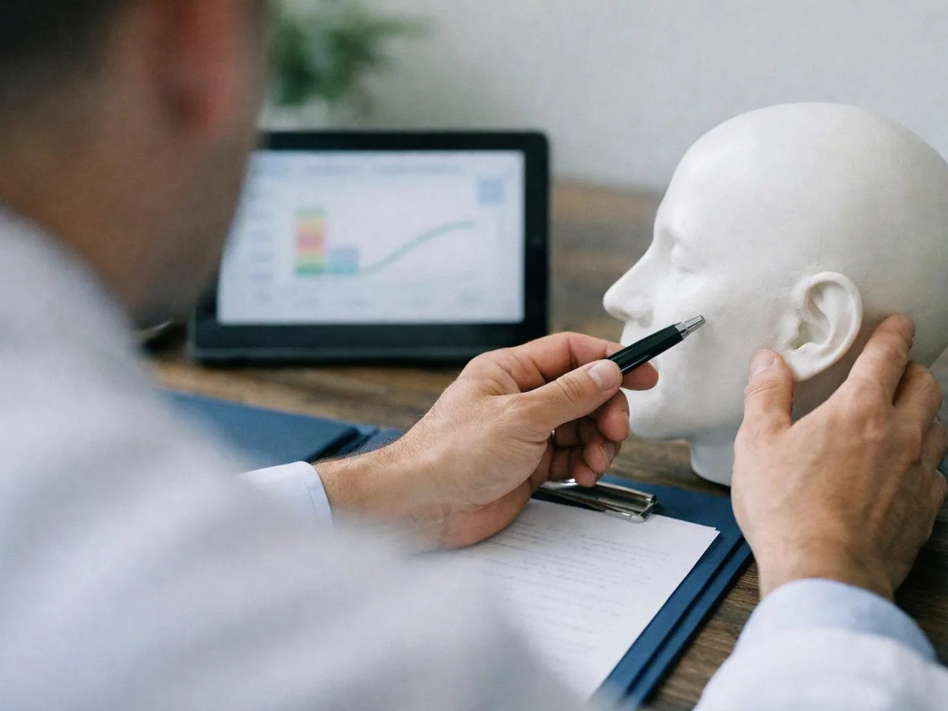 A person sketches on a white mannequin head beside a tablet showing a chart and graph