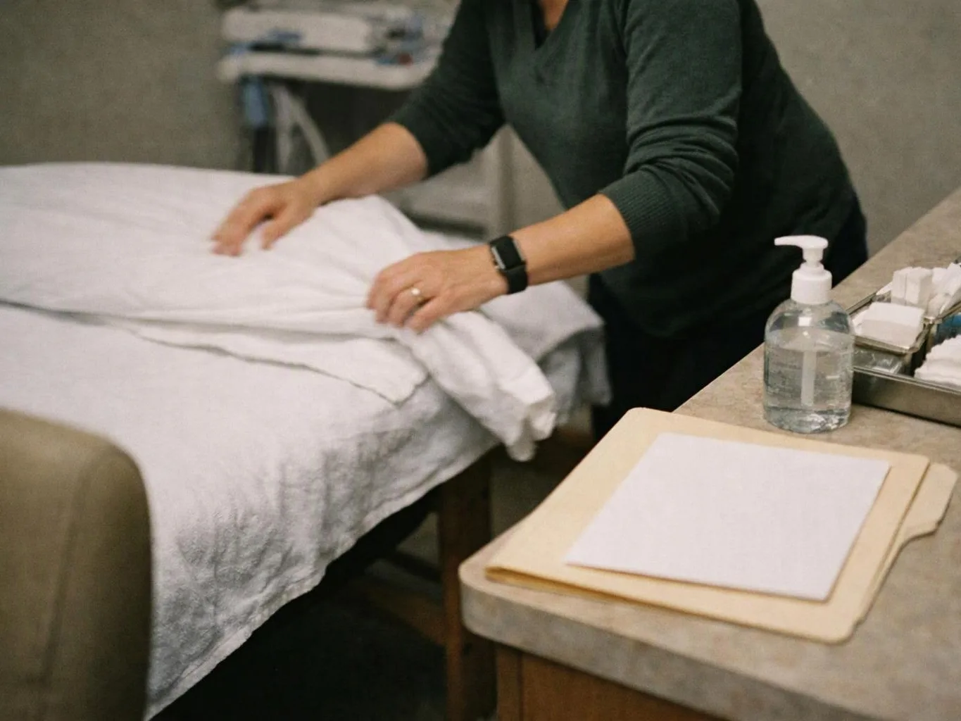 A person smooths a white sheet on a bed beside a sanitizer bottle and paperwork on a counter