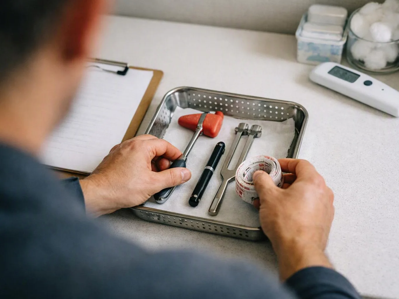 A person sorts medical tools in a tray beside a clipboard and digital thermometer on a counter