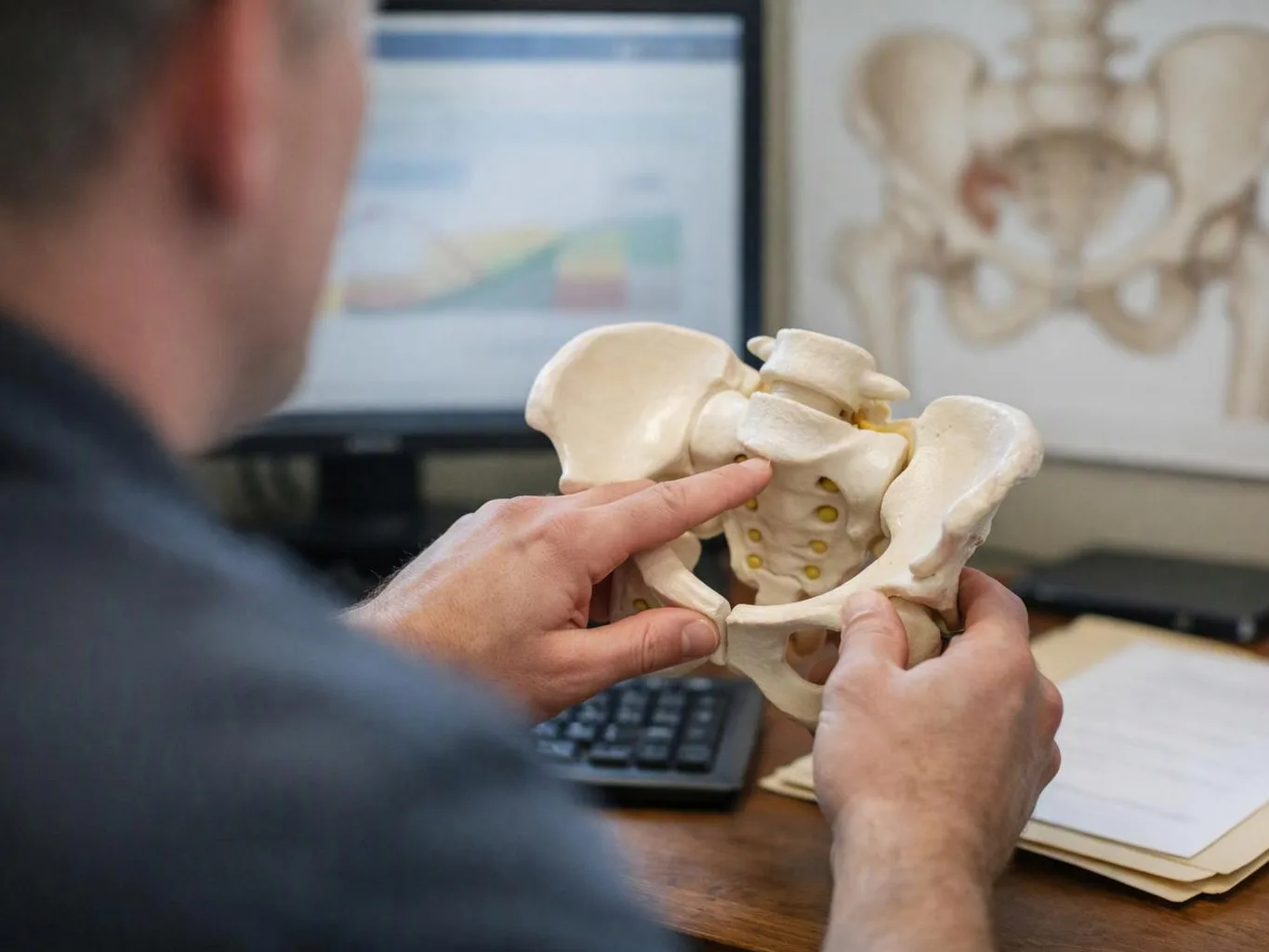 A person studies a pelvis model at a desk with a computer monitor and keyboard nearby