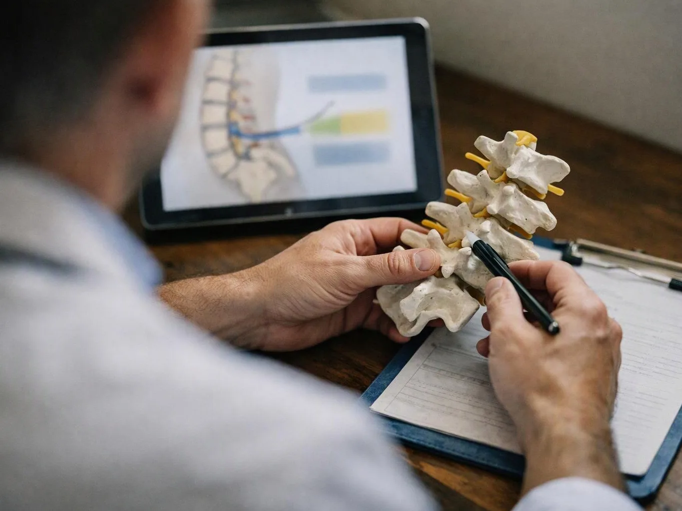 A person studies a spine model with a pen beside a tablet displaying a back diagram