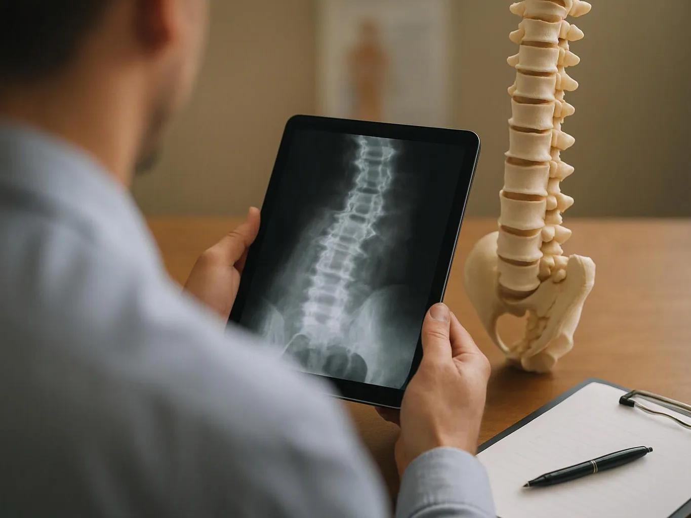 A person studies a spine X-ray on a tablet beside a plastic model of the lower spine and pelvis