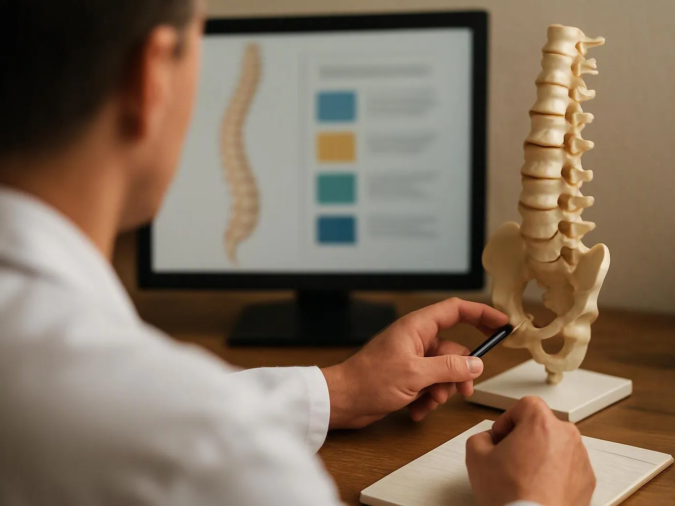 A person in a white coat examines a spine model beside a blurred computer screen and notebook on a desk