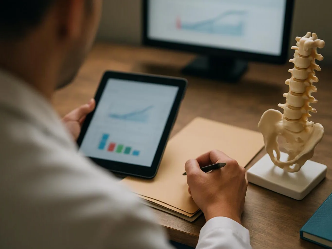 A person in a white coat studies a tablet beside a spine model and notebook at a desk