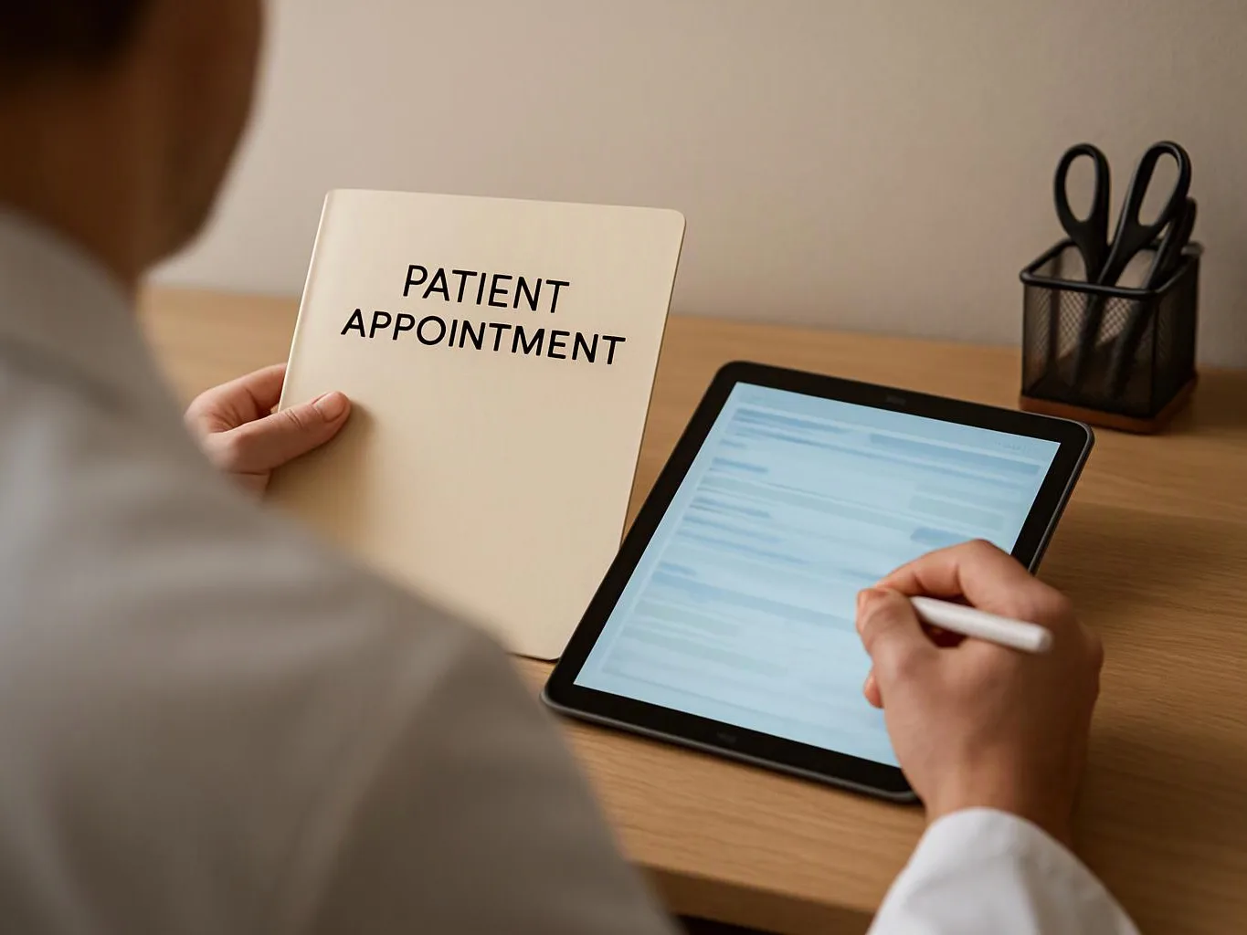 A person in a white coat writes on a tablet beside a folder labeled patient appointment