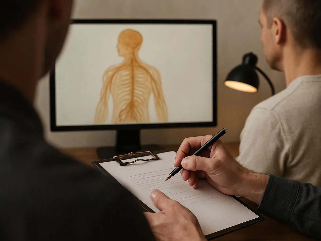 A person writes on a clipboard while another watches a body diagram on a computer screen in a dim office