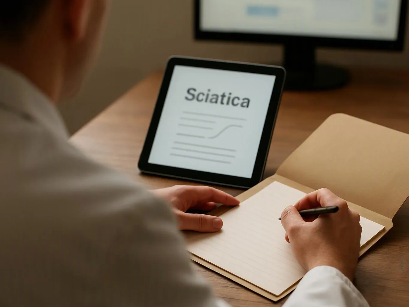 A person writes in a notebook beside a tablet showing the word “Sciatica” on a desk