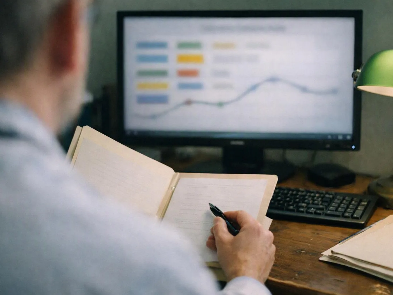 A person writes in a notebook at a desk while a blurred graph appears on the monitor behind them