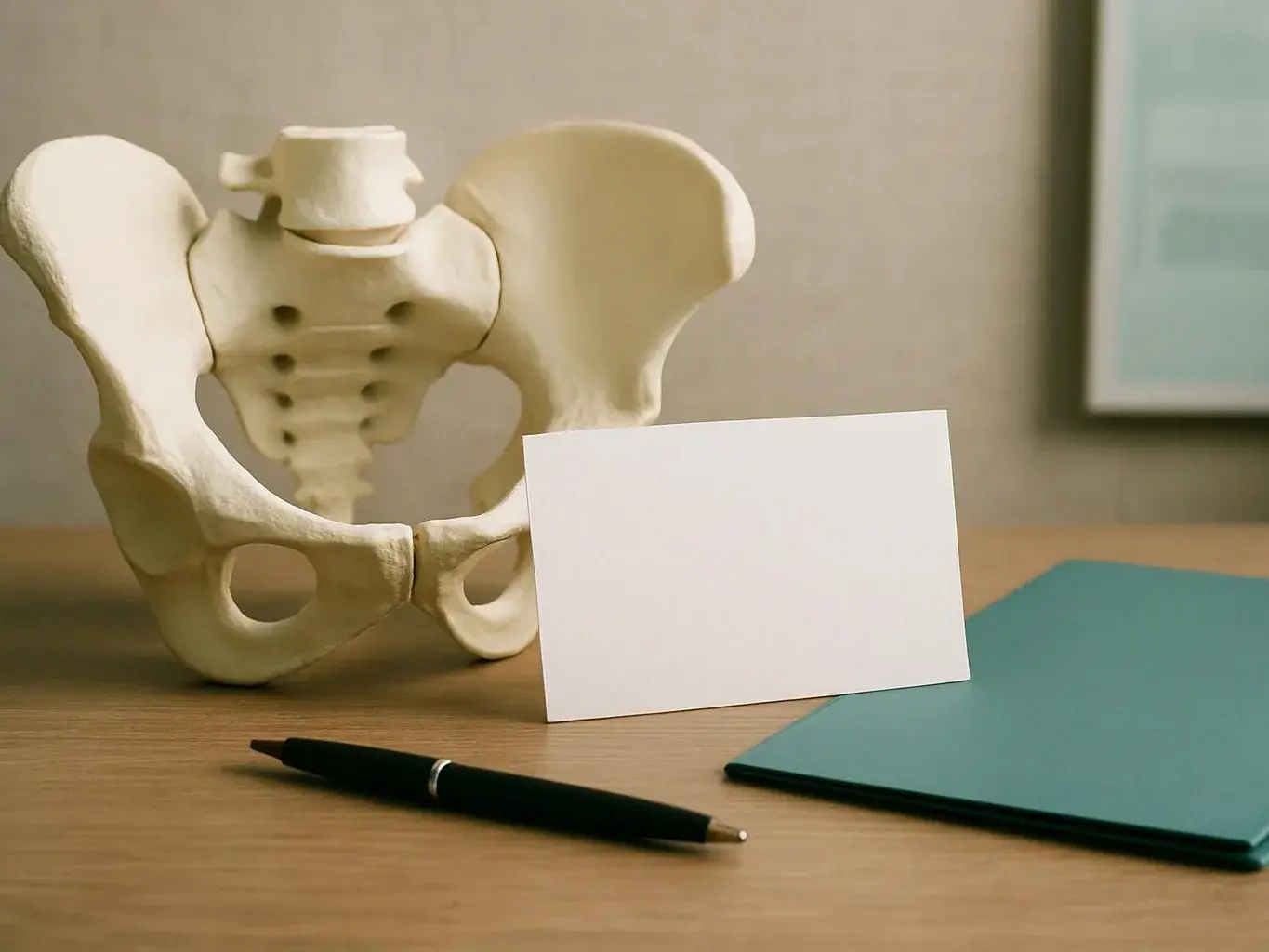 A plastic pelvis model sits on a desk beside a blank card, pen, and blue folder