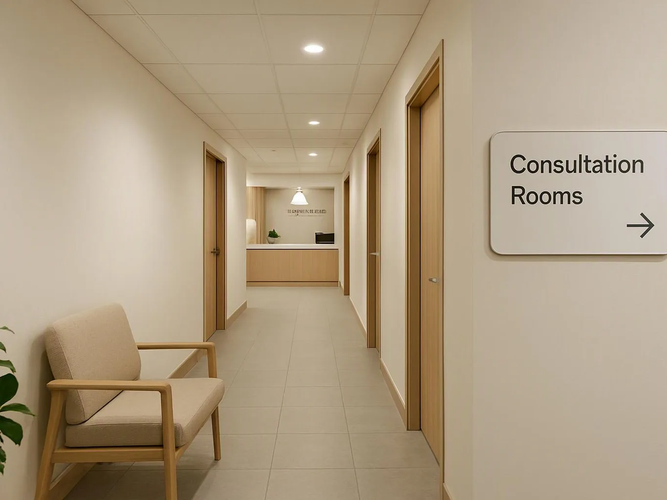 A quiet beige hallway shows consultation room doors, a waiting chair, and a reception desk ahead