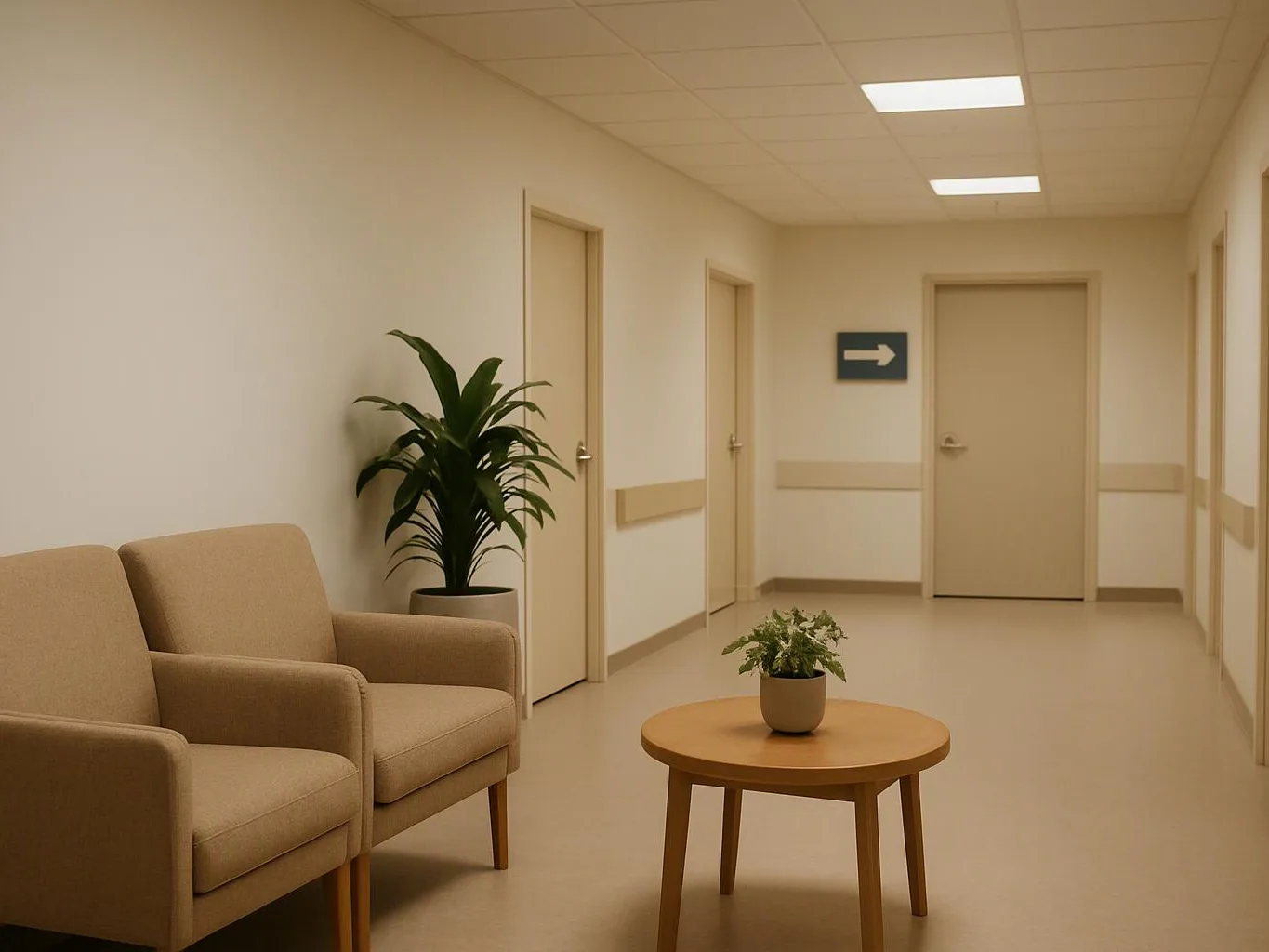 A quiet beige hallway shows two chairs, a small table with a plant, and several closed doors