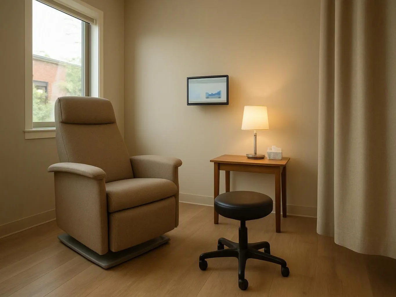 A quiet beige room holds a recliner, small table with lamp, black stool, and a window with curtains