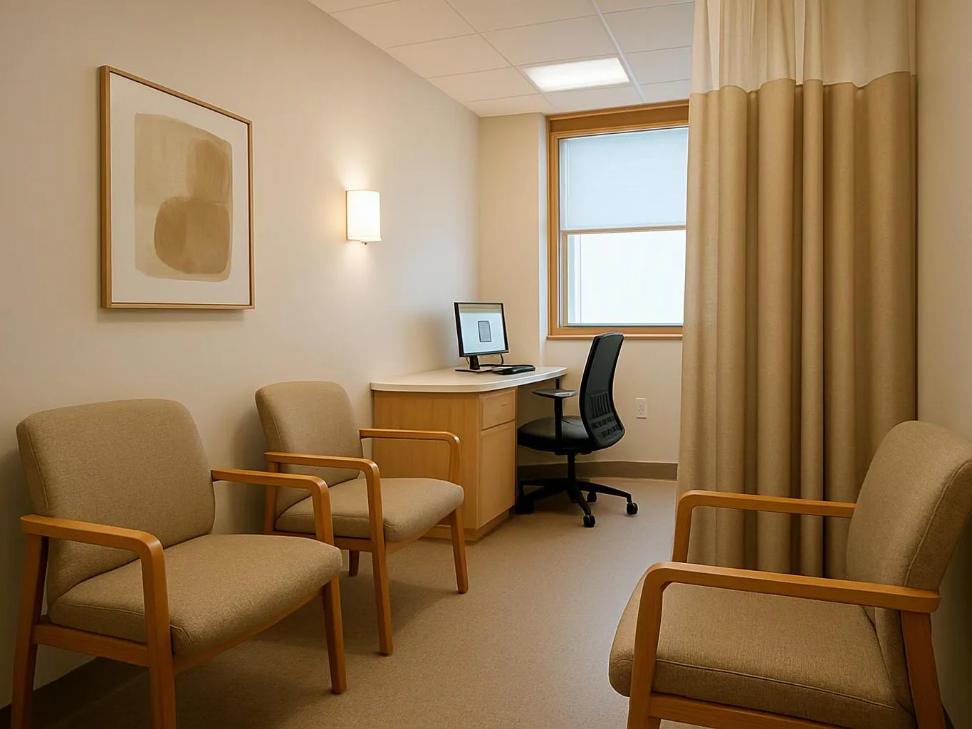 A quiet beige waiting room has four chairs, a desk with a computer, and a privacy curtain by the window