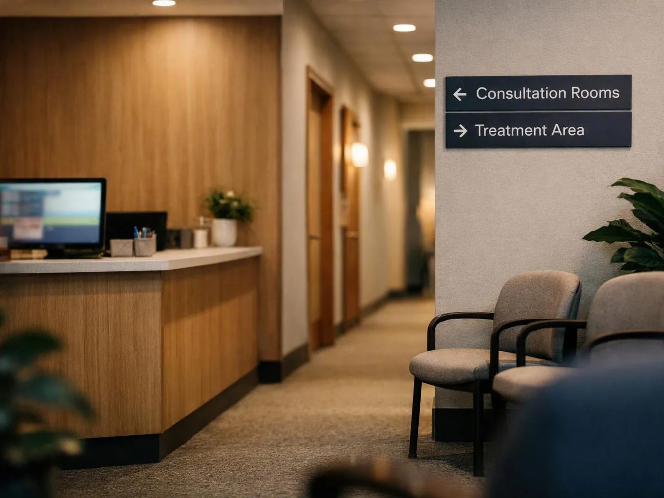 A quiet clinic hallway shows a reception desk, waiting chairs, and signs for consultation rooms and treatment area
