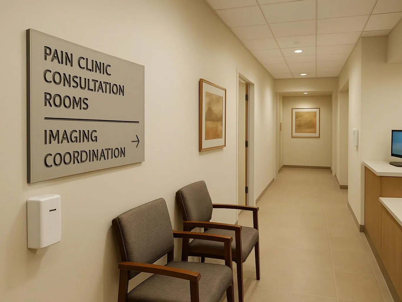 A quiet clinic hallway shows two waiting chairs and a wall sign for consultation rooms and imaging coordination