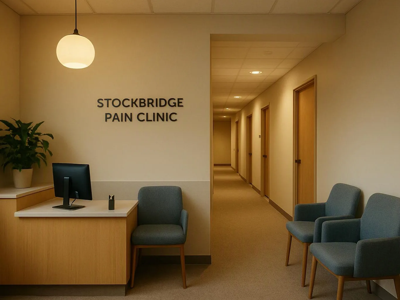 A quiet clinic lobby shows a reception desk, blue chairs, and a hallway with closed doors