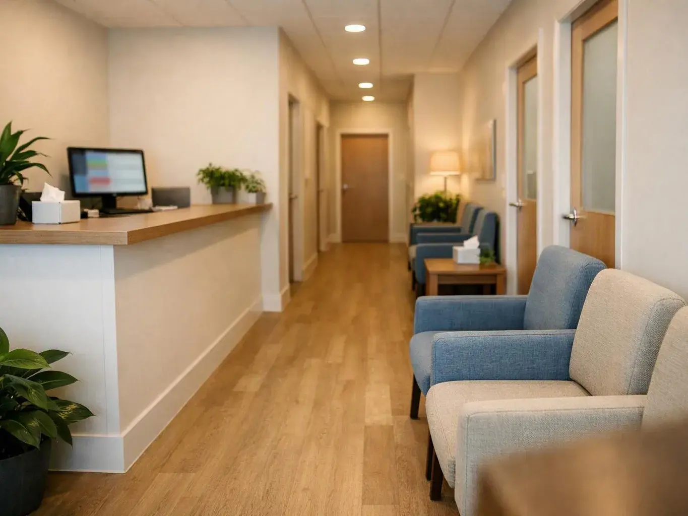 A quiet clinic waiting area has chairs, a reception counter, potted plants, and soft hallway lighting