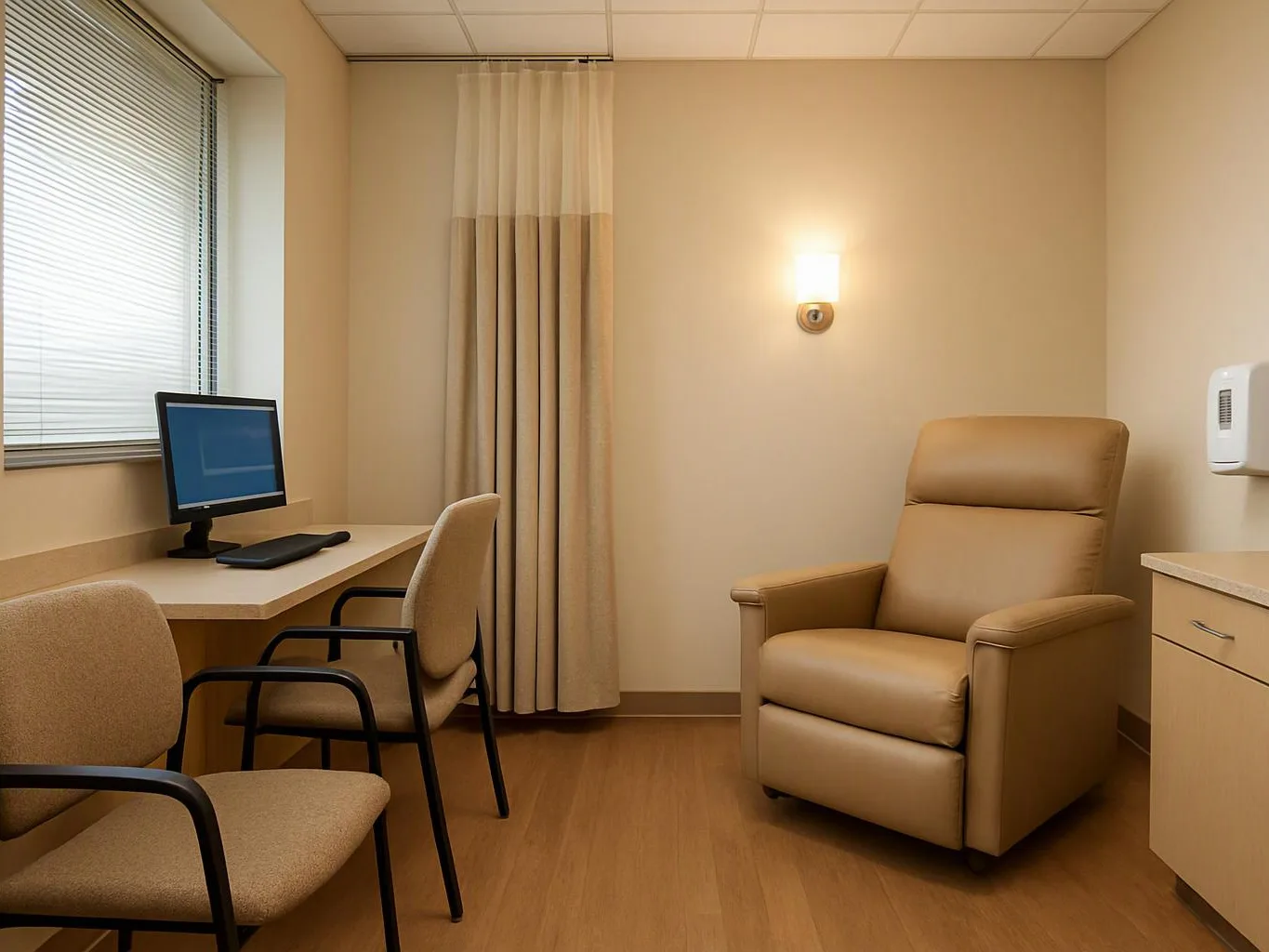 A quiet exam room has a desk with a monitor, two chairs, a recliner, and closed curtains