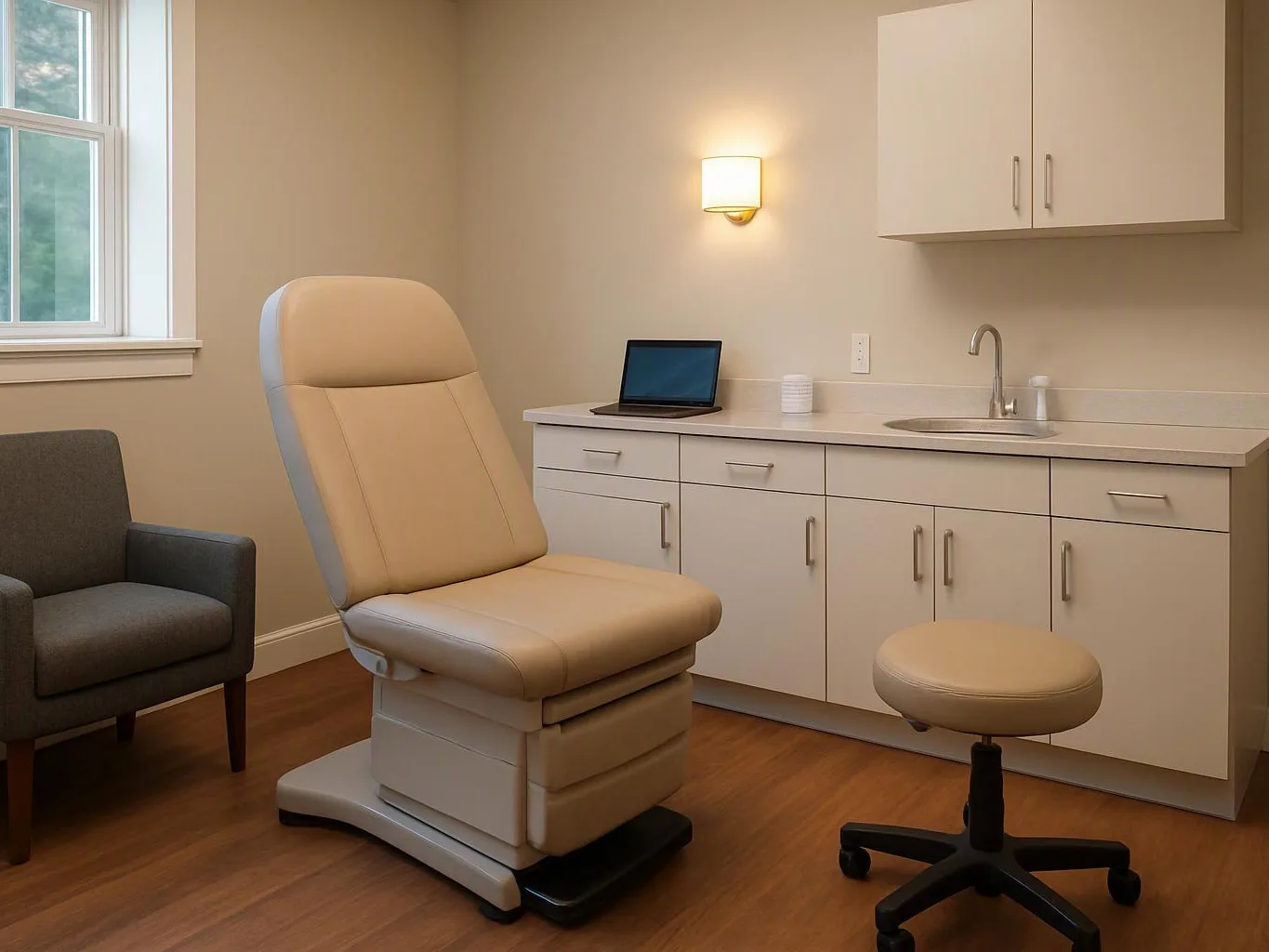 A quiet exam room shows a cushioned chair, sink cabinets, a laptop, and a waiting chair by the window