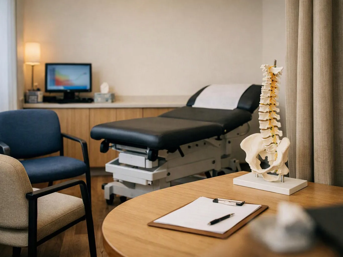 A quiet exam room shows a treatment table, chairs, desk, spine model, and soft lamp light