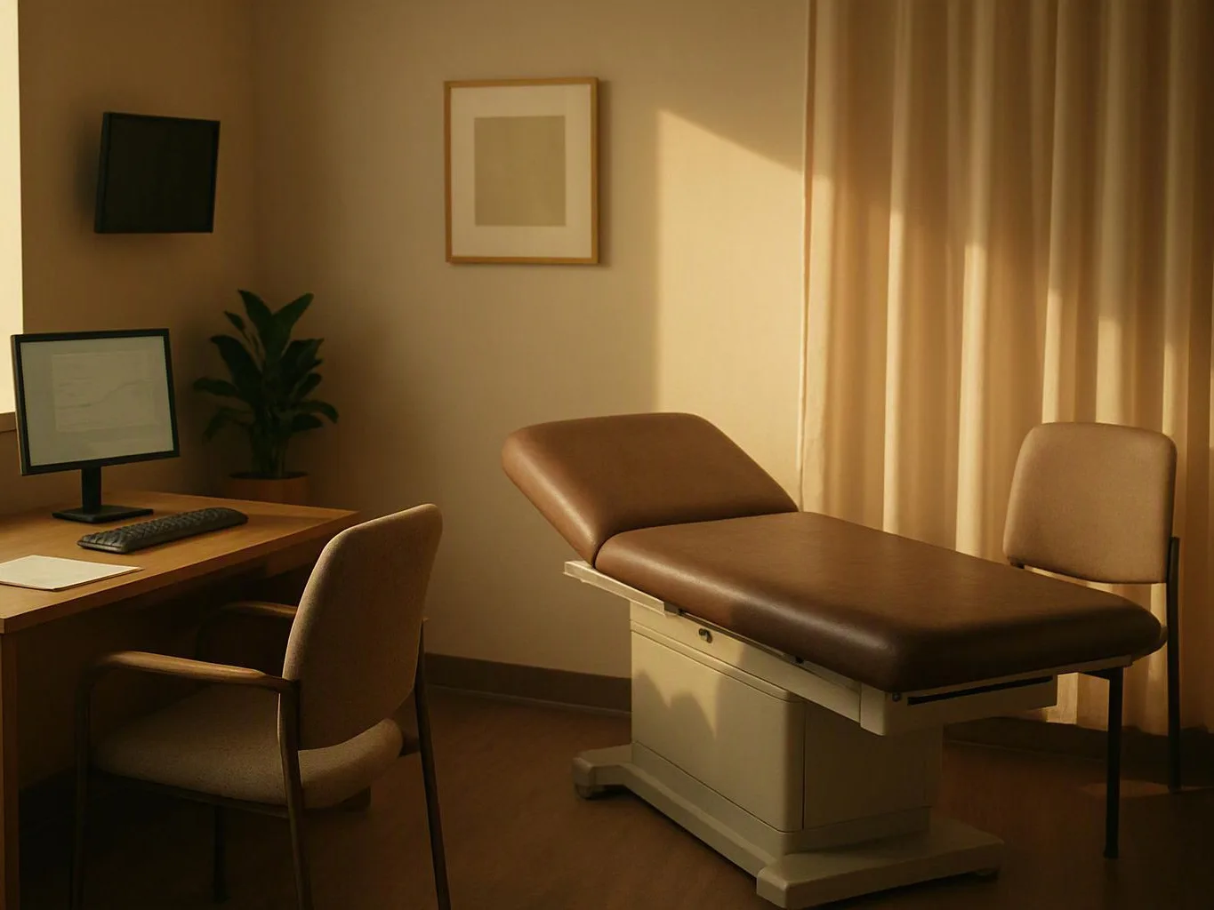 A quiet examination room with a desk, computer, chairs, and a padded medical table in warm sunlight