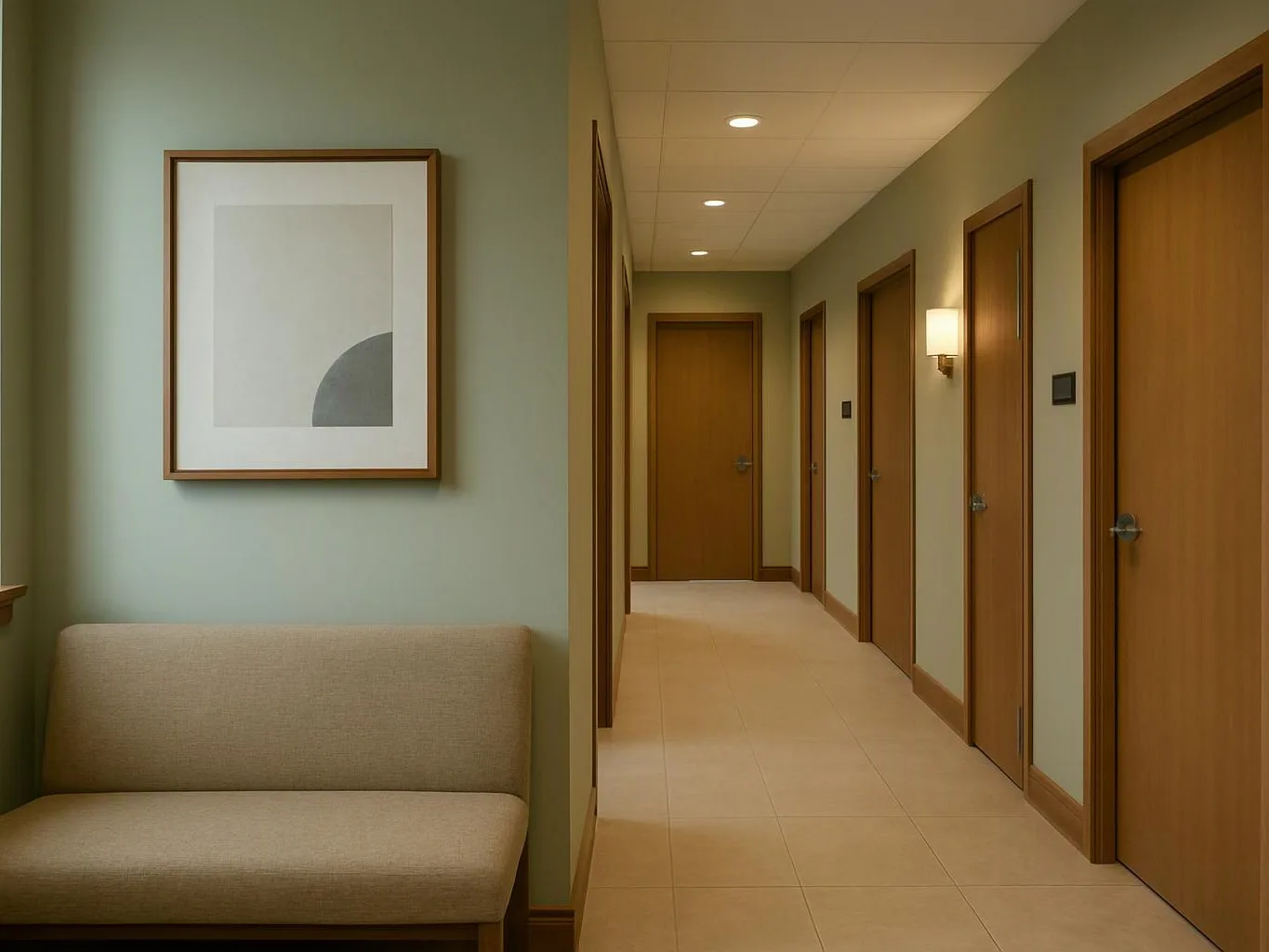 A quiet hallway with wooden doors, a beige bench, framed art, and soft overhead lights