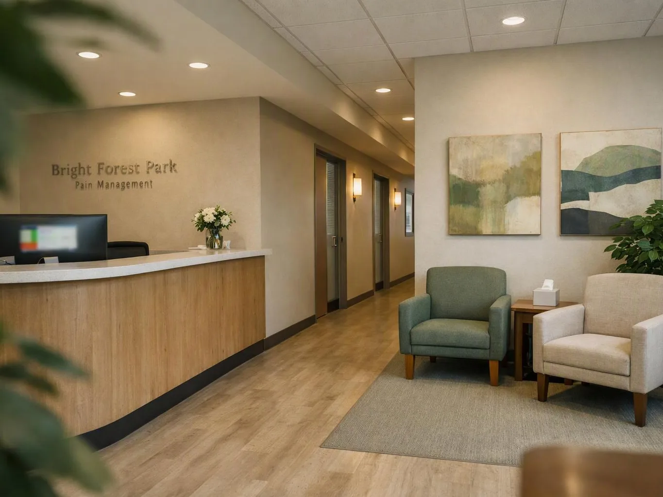 A quiet medical office lobby shows a reception desk, chairs, hallway doors, and wall art