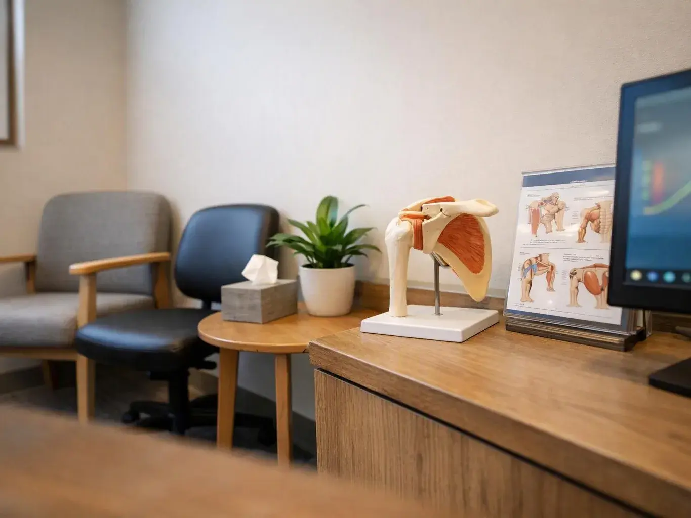A quiet medical office waiting area shows chairs, a plant, a tissue box, and a shoulder anatomy model on a desk