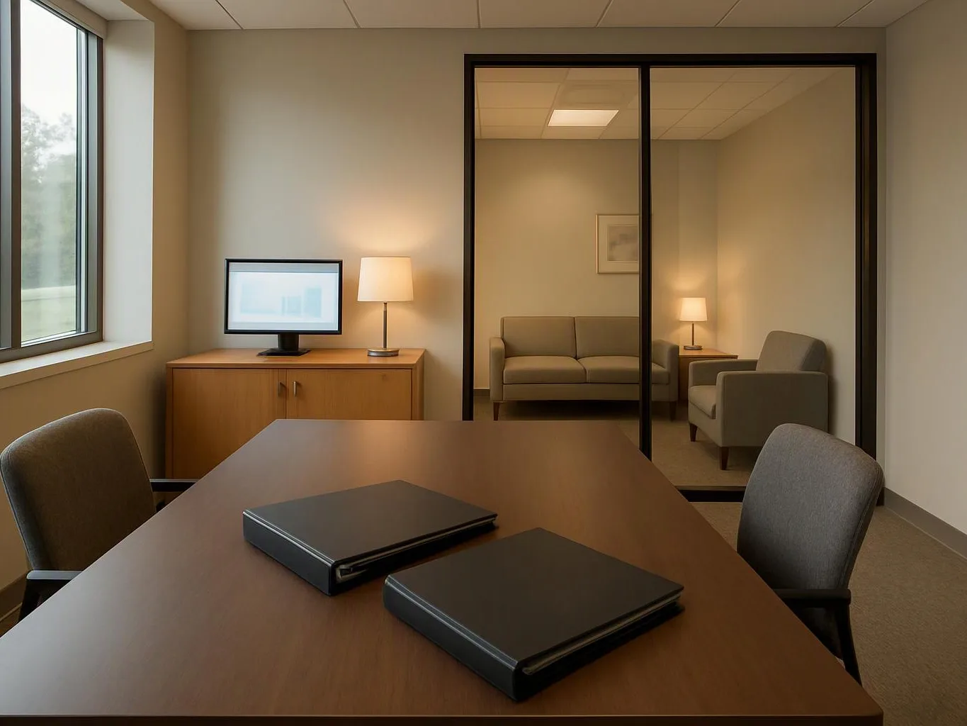 A quiet meeting room with a wooden table, two black binders, chairs, a cabinet, monitor, and lit lounge area behind glass