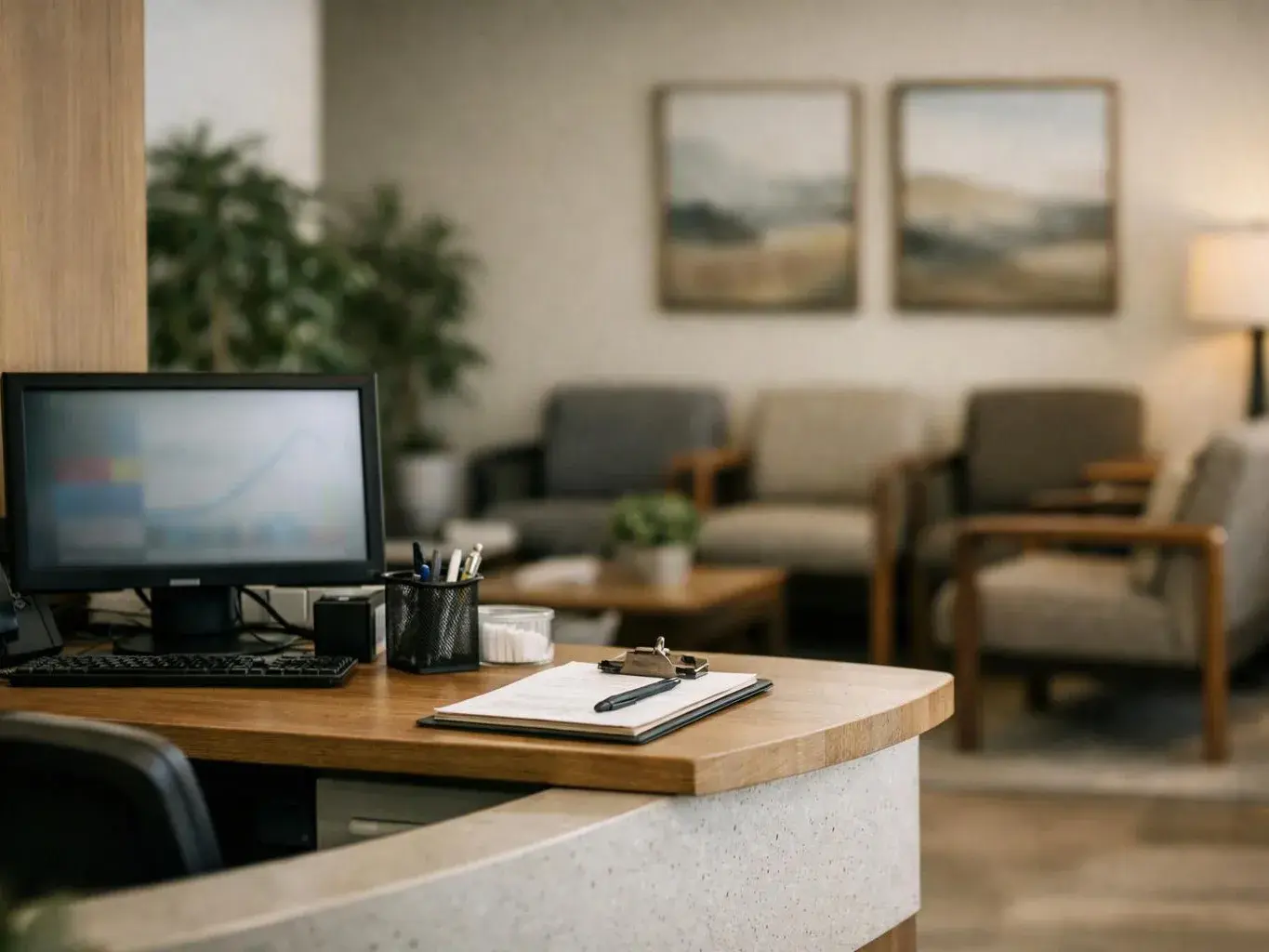 A quiet office reception desk holds a computer, clipboard, and pen, with waiting chairs and wall art behind it