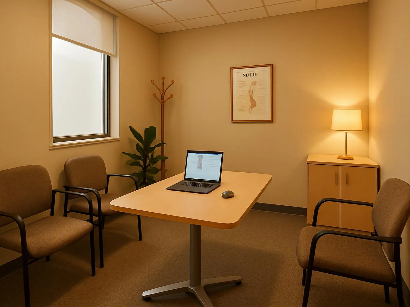 A quiet office room shows four chairs, a table with a laptop, a lamp, a plant, and framed wall art