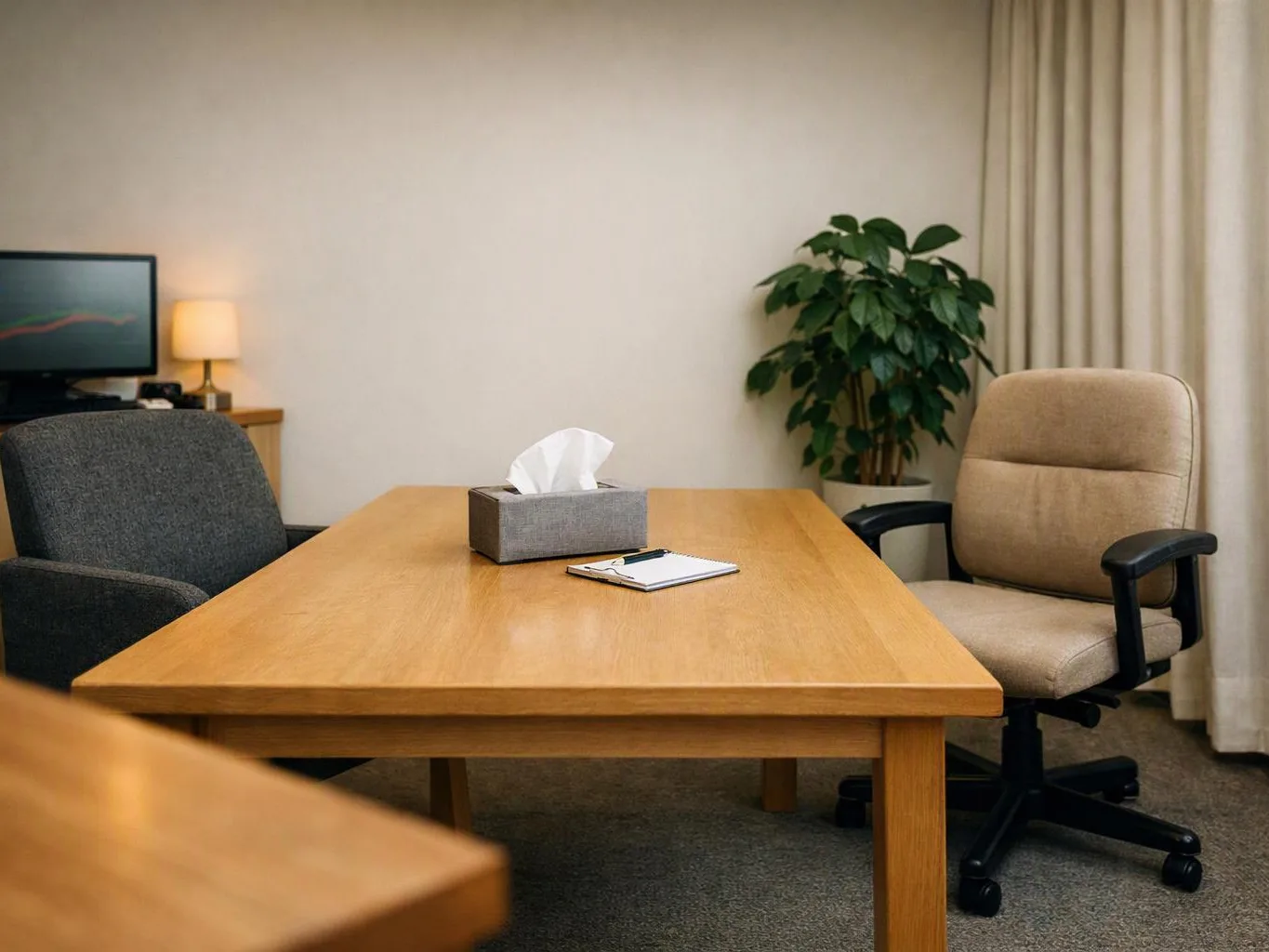 A quiet office room shows a wooden table, two chairs, a tissue box, a small notepad, a lamp, a monitor, and a potted plant