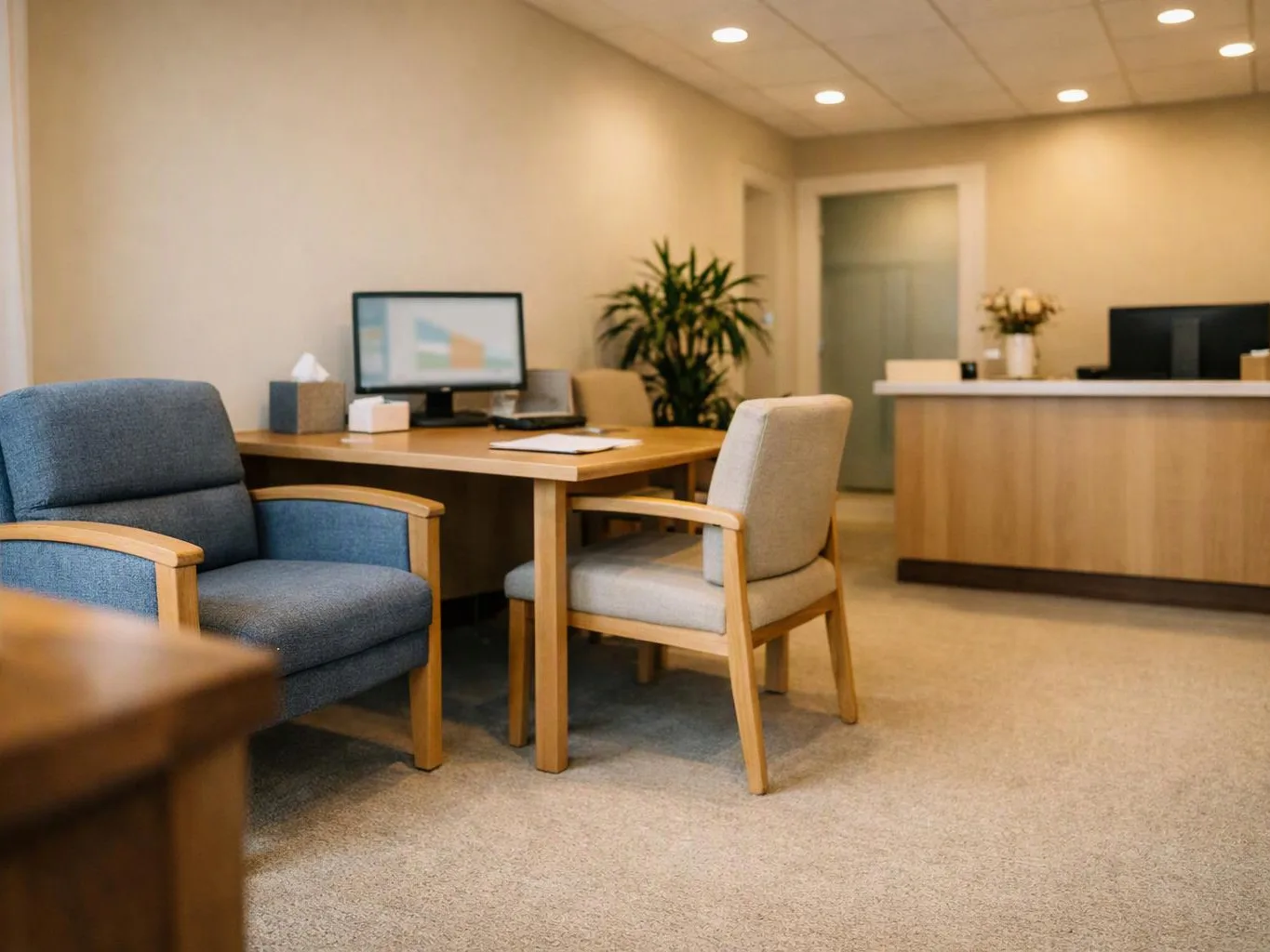 A quiet office waiting area shows two chairs, a desk with a monitor, and a reception counter