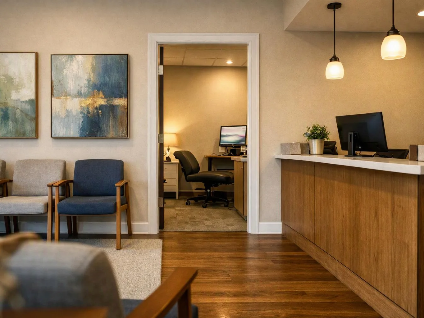 A quiet office waiting room shows chairs, abstract wall art, a reception desk, and an open doorway to a work area