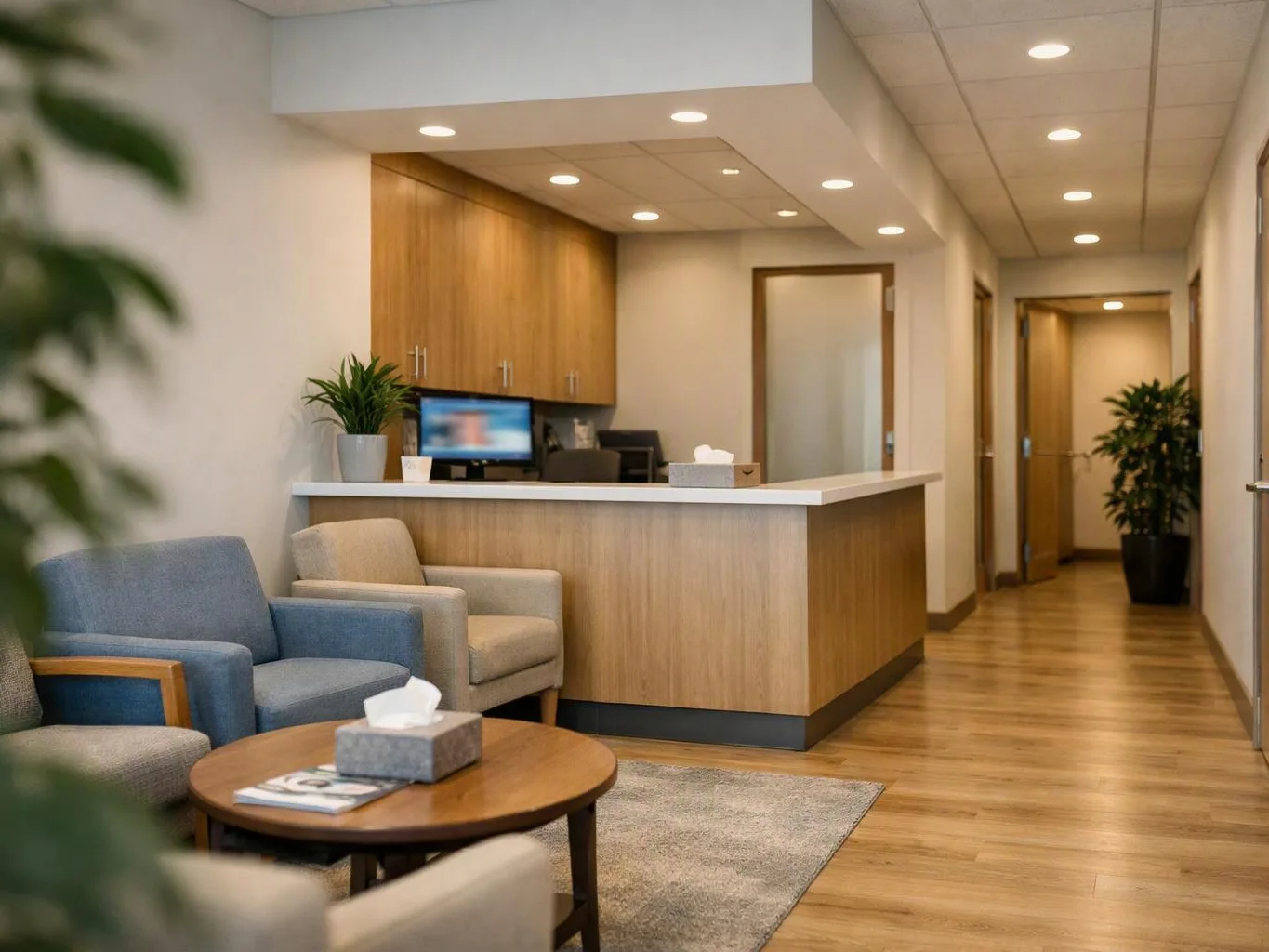 A quiet reception area shows armchairs, a wood counter, potted plants, and a hallway with open doors