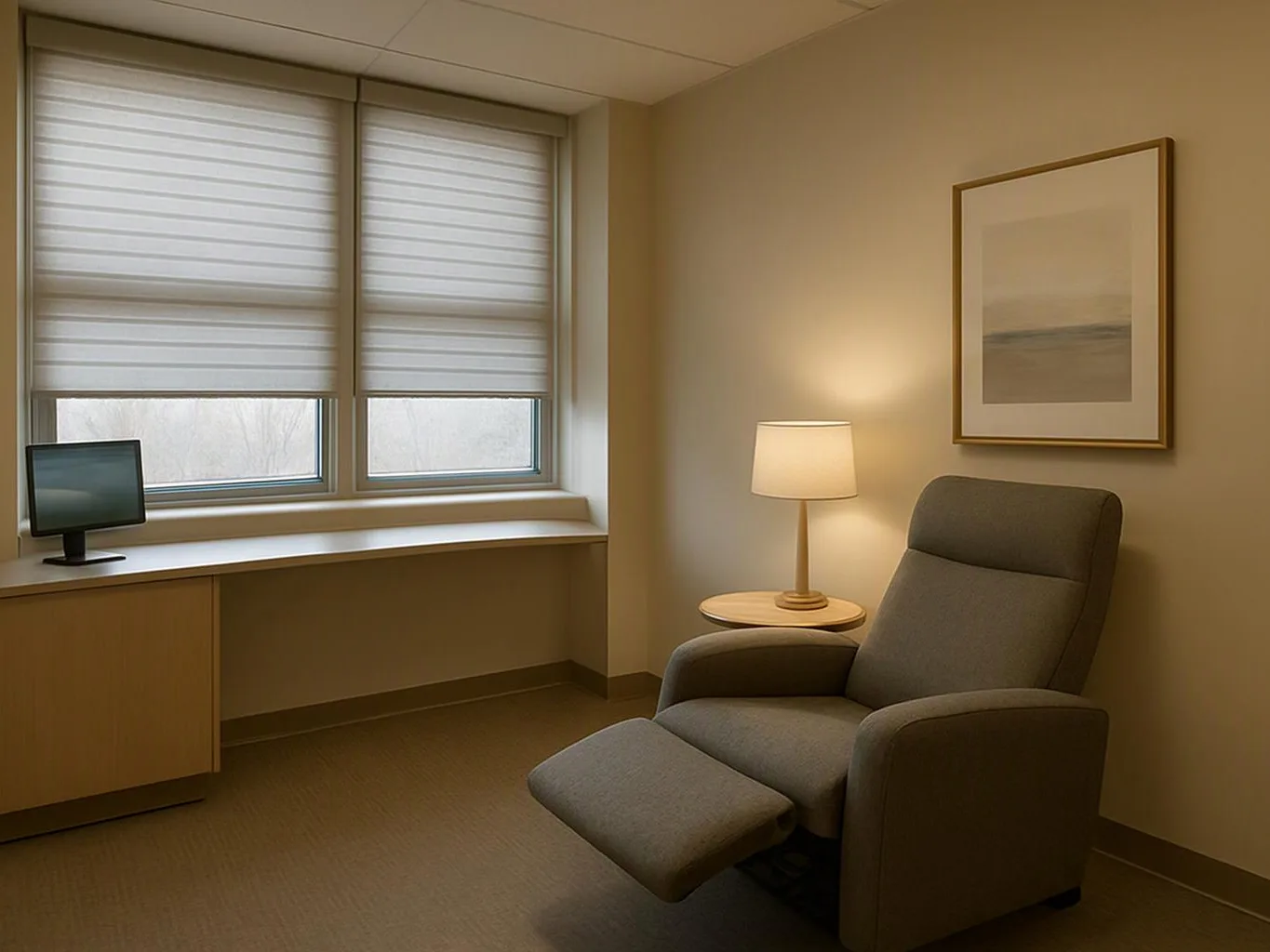 A quiet room shows a gray recliner, lit lamp, window bench, and small monitor on a built-in cabinet