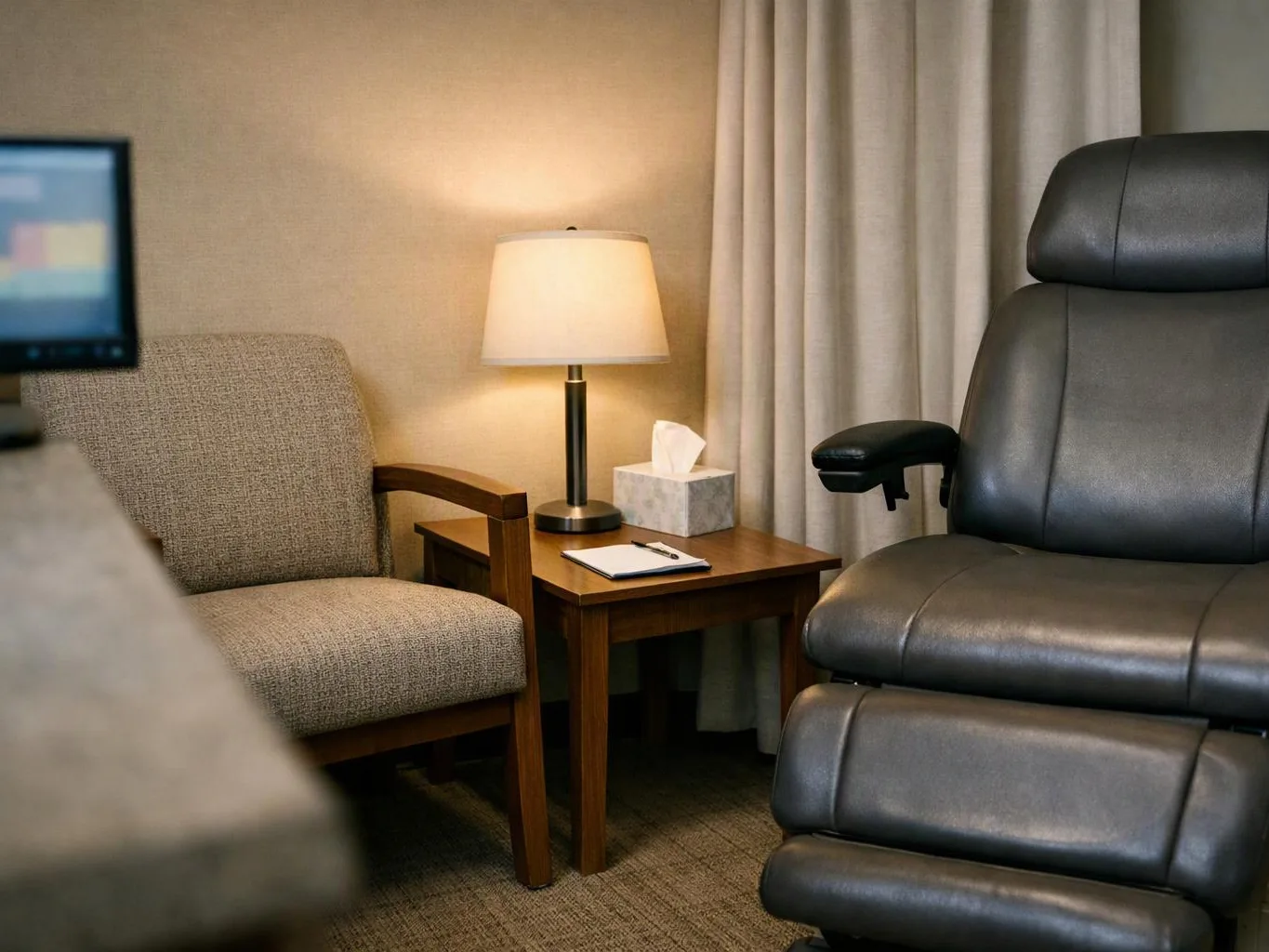 A quiet room shows two chairs, a lit table lamp, a tissue box, and a small notebook on a side table