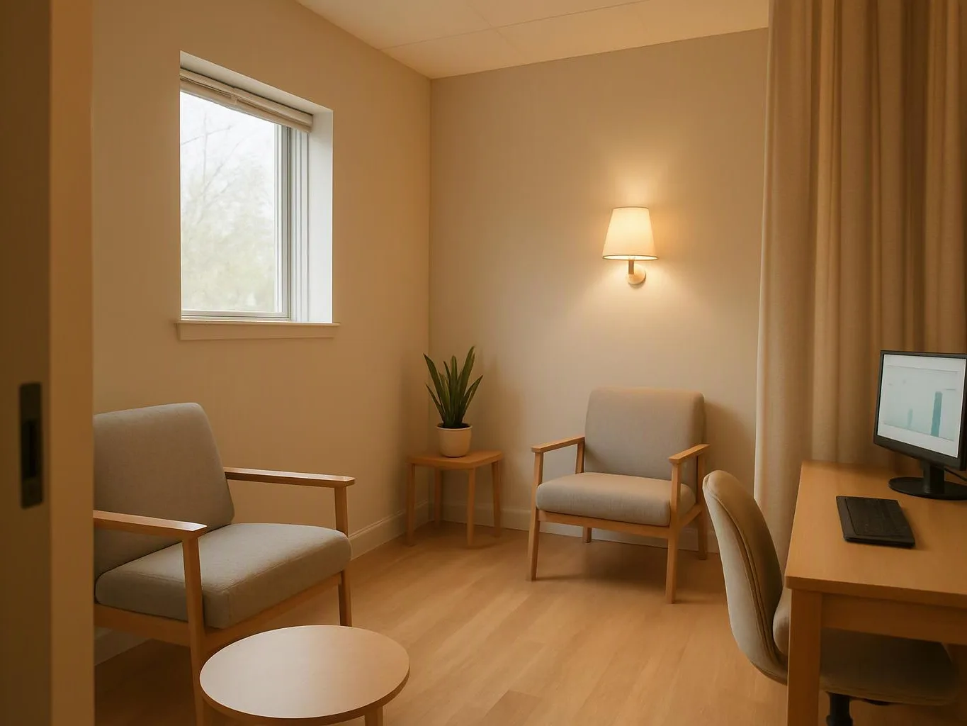 A quiet room with two armchairs, a desk, a computer monitor, a plant, and warm wall lighting