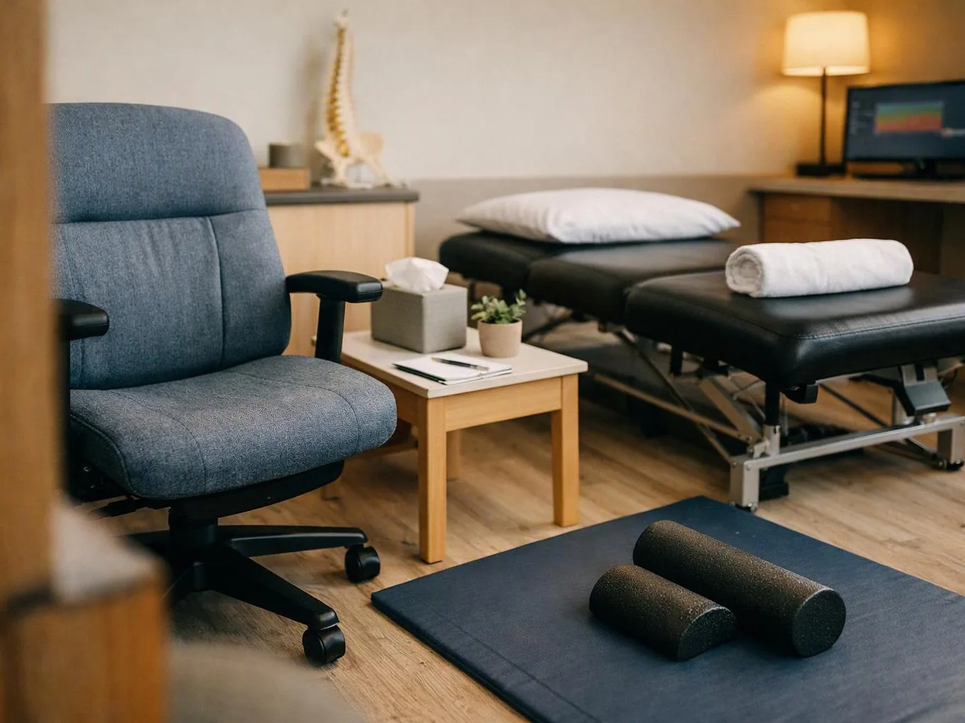 A quiet therapy room shows an exam table, office chair, side table, lamp, and exercise mat with foam rollers