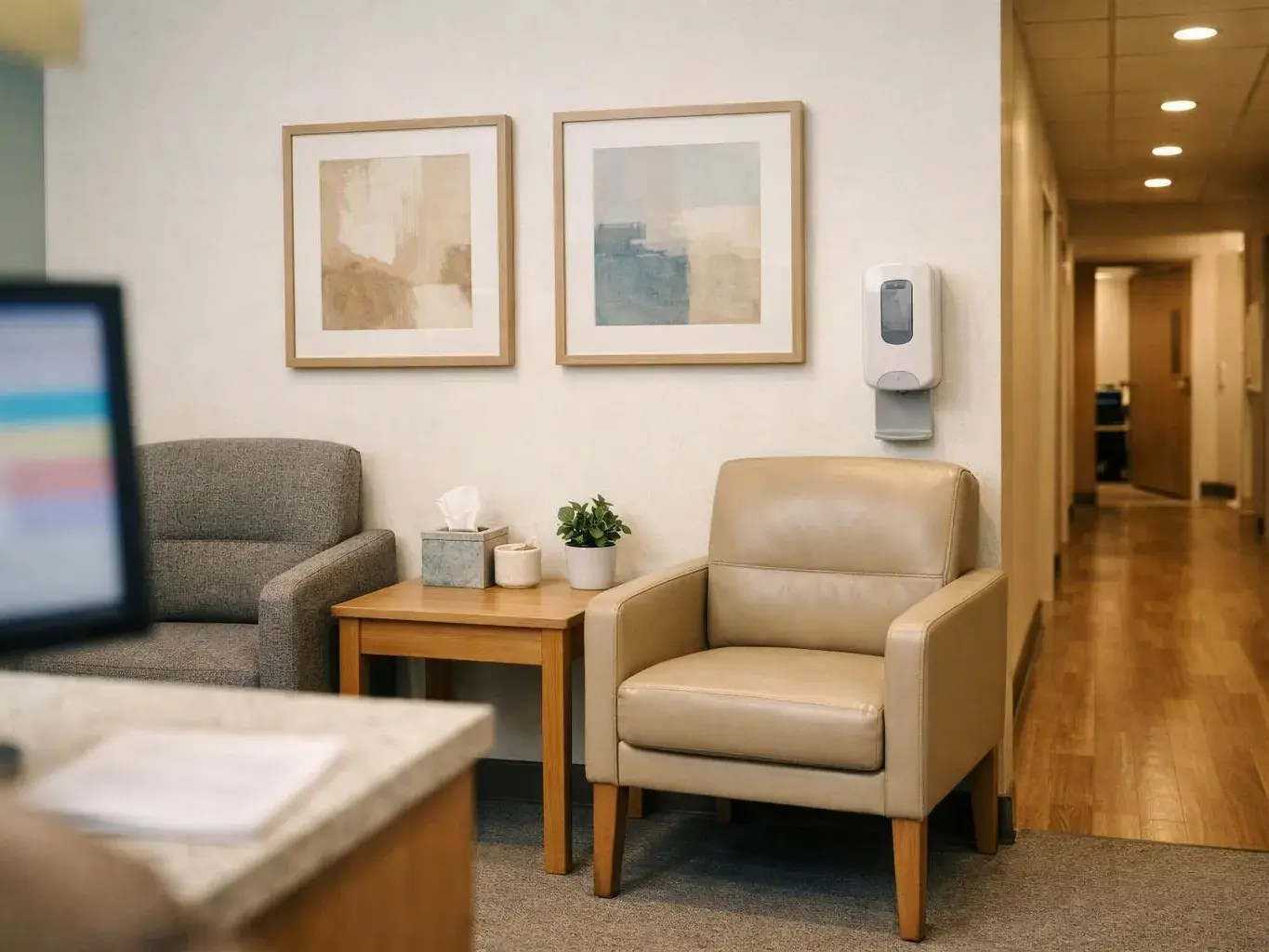 A quiet waiting area with two chairs, a small table, framed art, and a hallway with lights