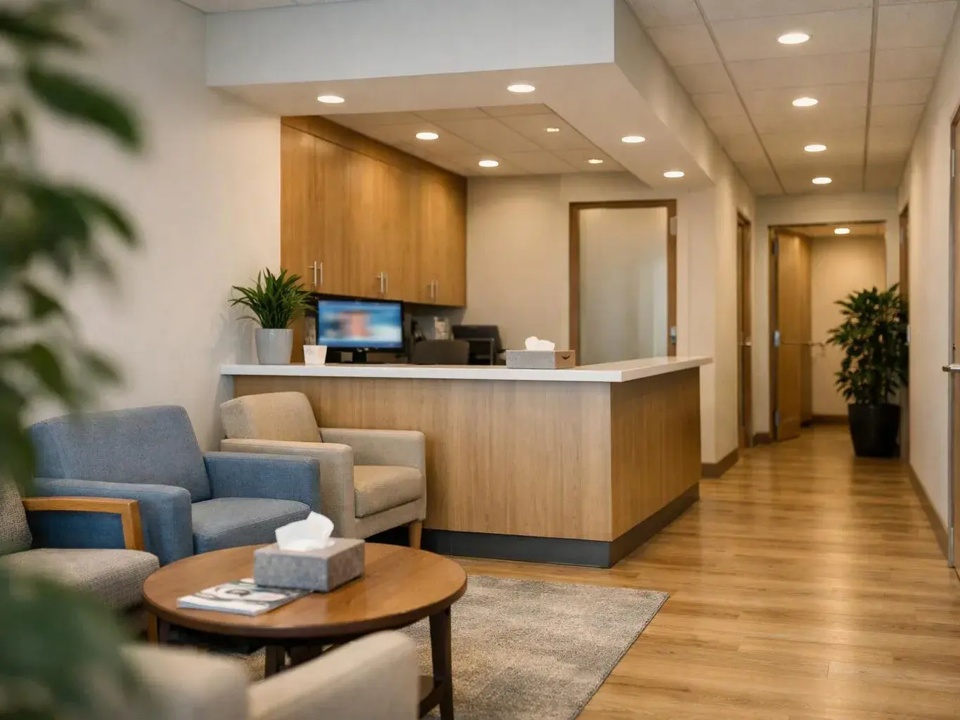 A quiet waiting room has cushioned chairs, a wood reception desk, potted plants, and a hallway with open doors