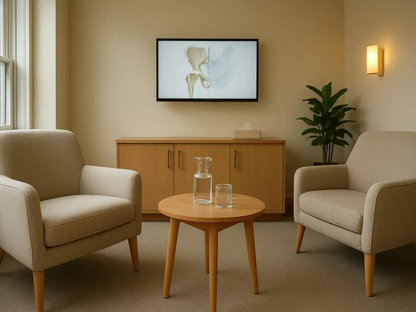 A quiet waiting room has two beige armchairs, a round table with a water pitcher, and a wall screen with a hip diagram