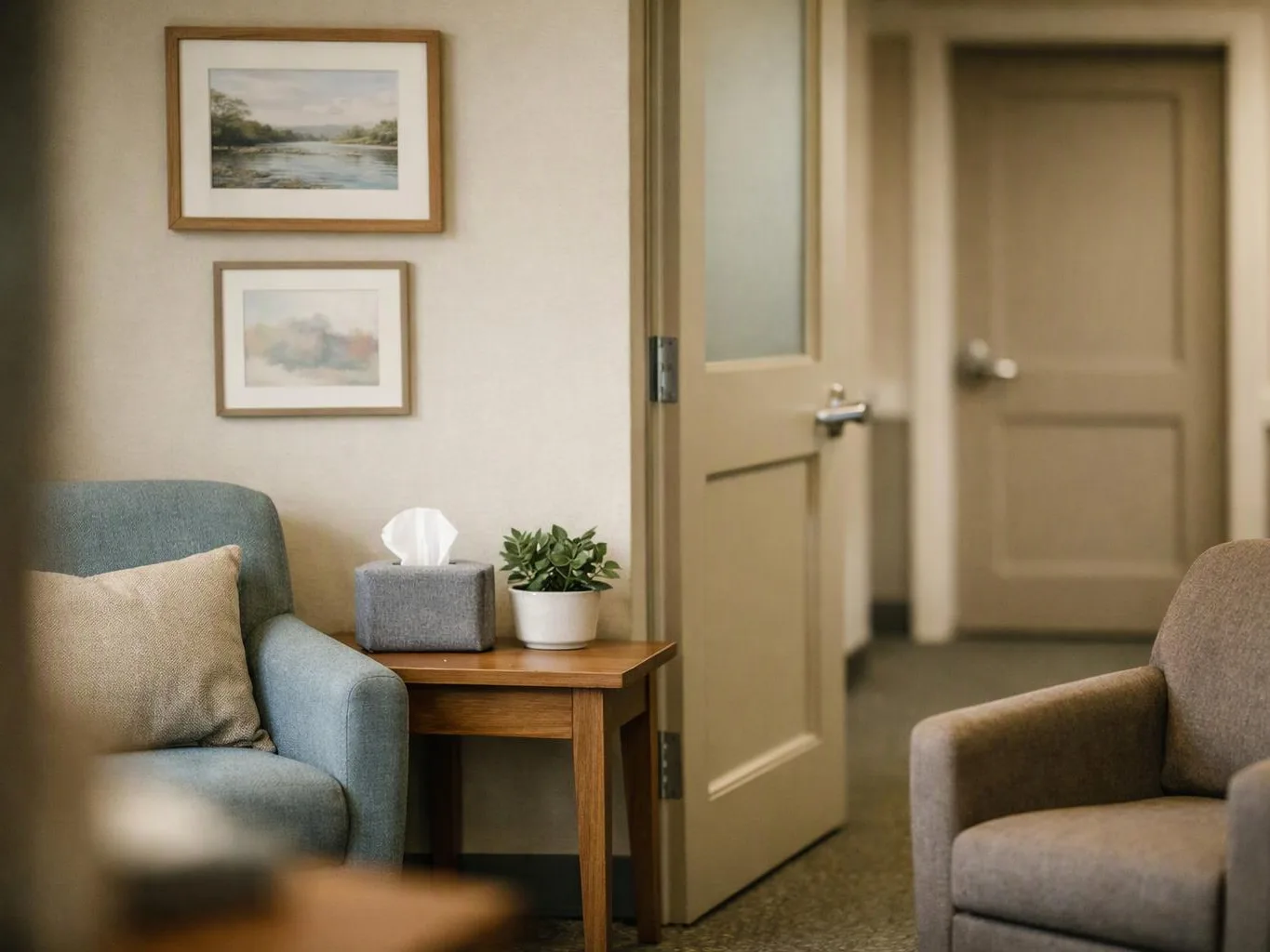 A quiet waiting room shows armchairs, a side table with tissues and a plant, and open doors to a hallway