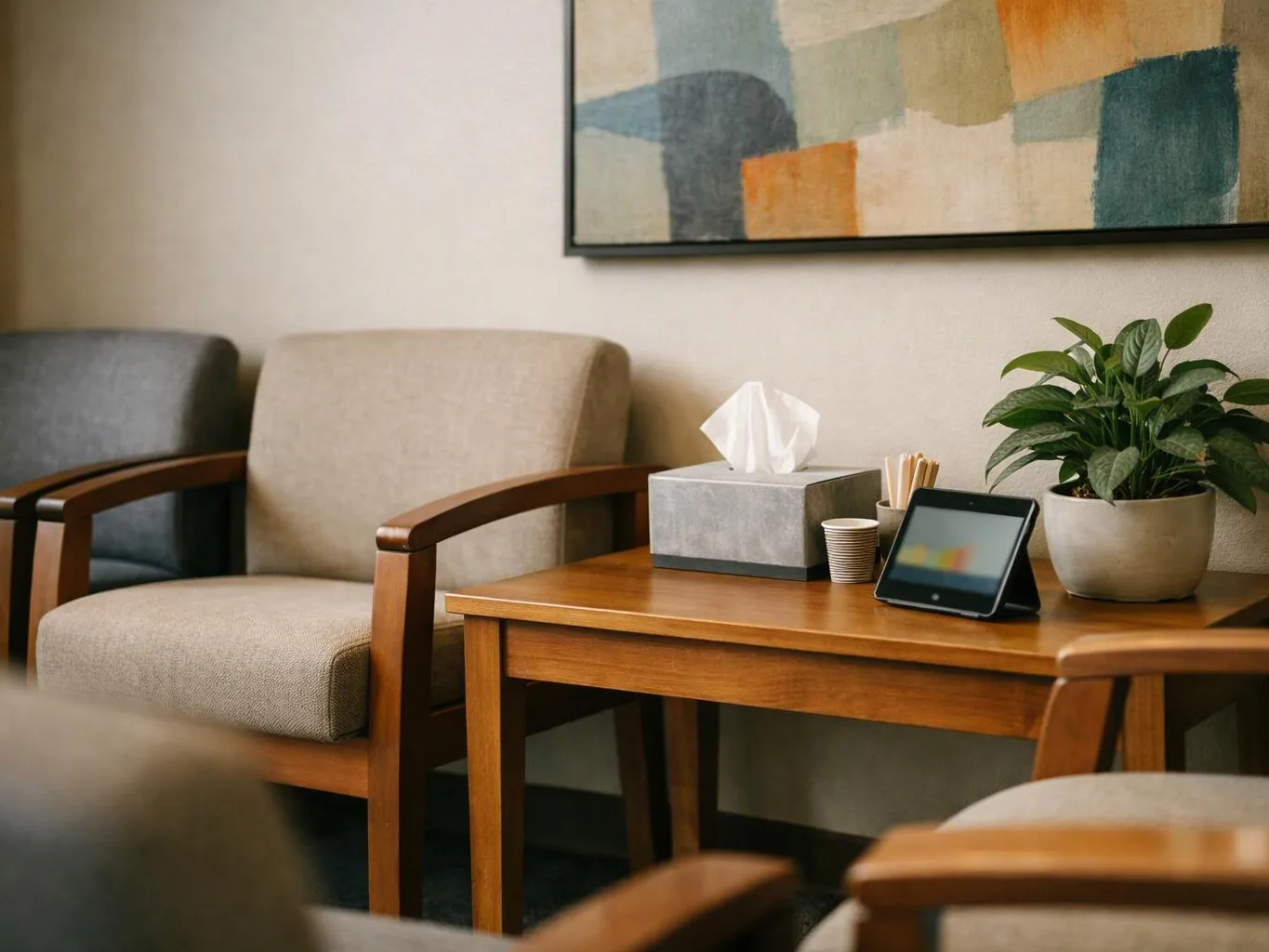 A quiet waiting room shows beige chairs, a wooden table, a potted plant, and a wall painting