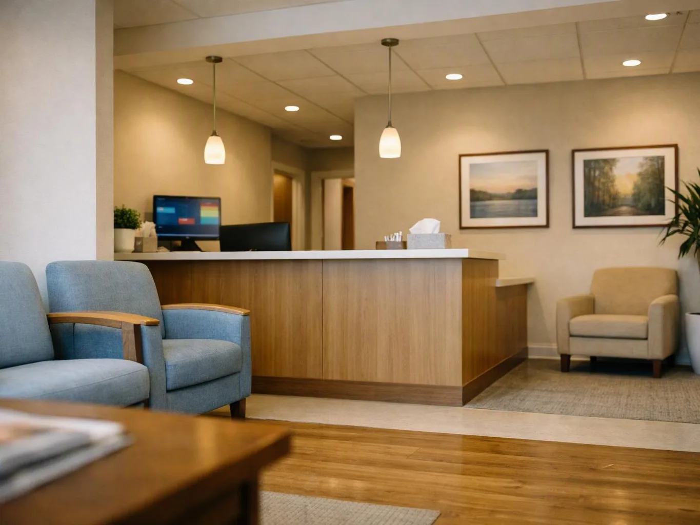 A quiet waiting room shows blue chairs, a wood reception desk, pendant lights, and framed landscape prints on beige walls
