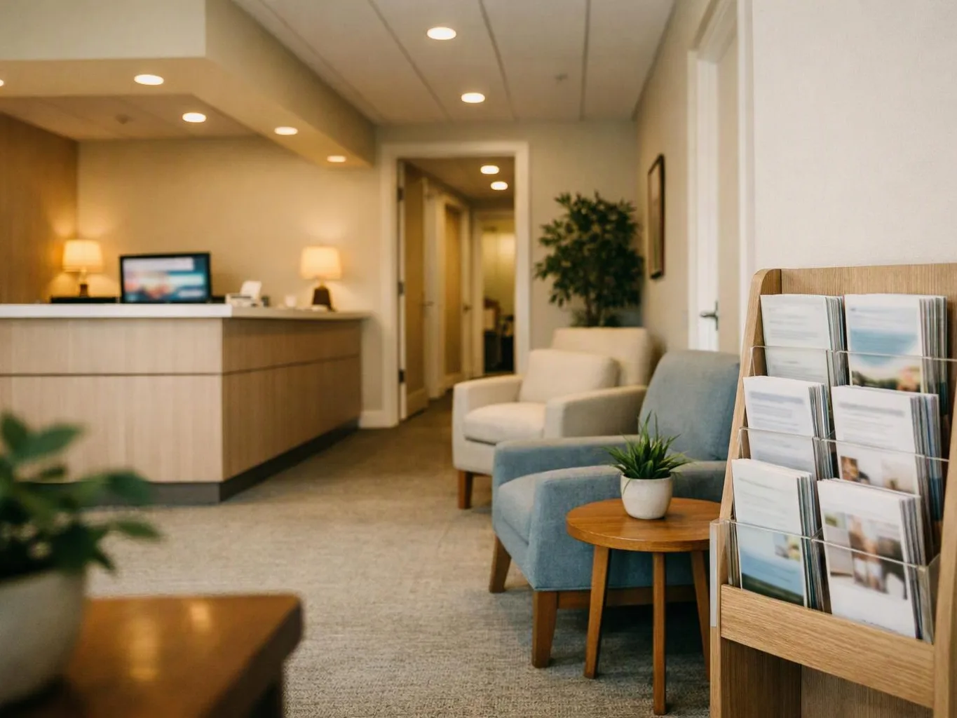 A quiet waiting room shows a reception desk, armchairs, side tables, and a brochure rack in warm light