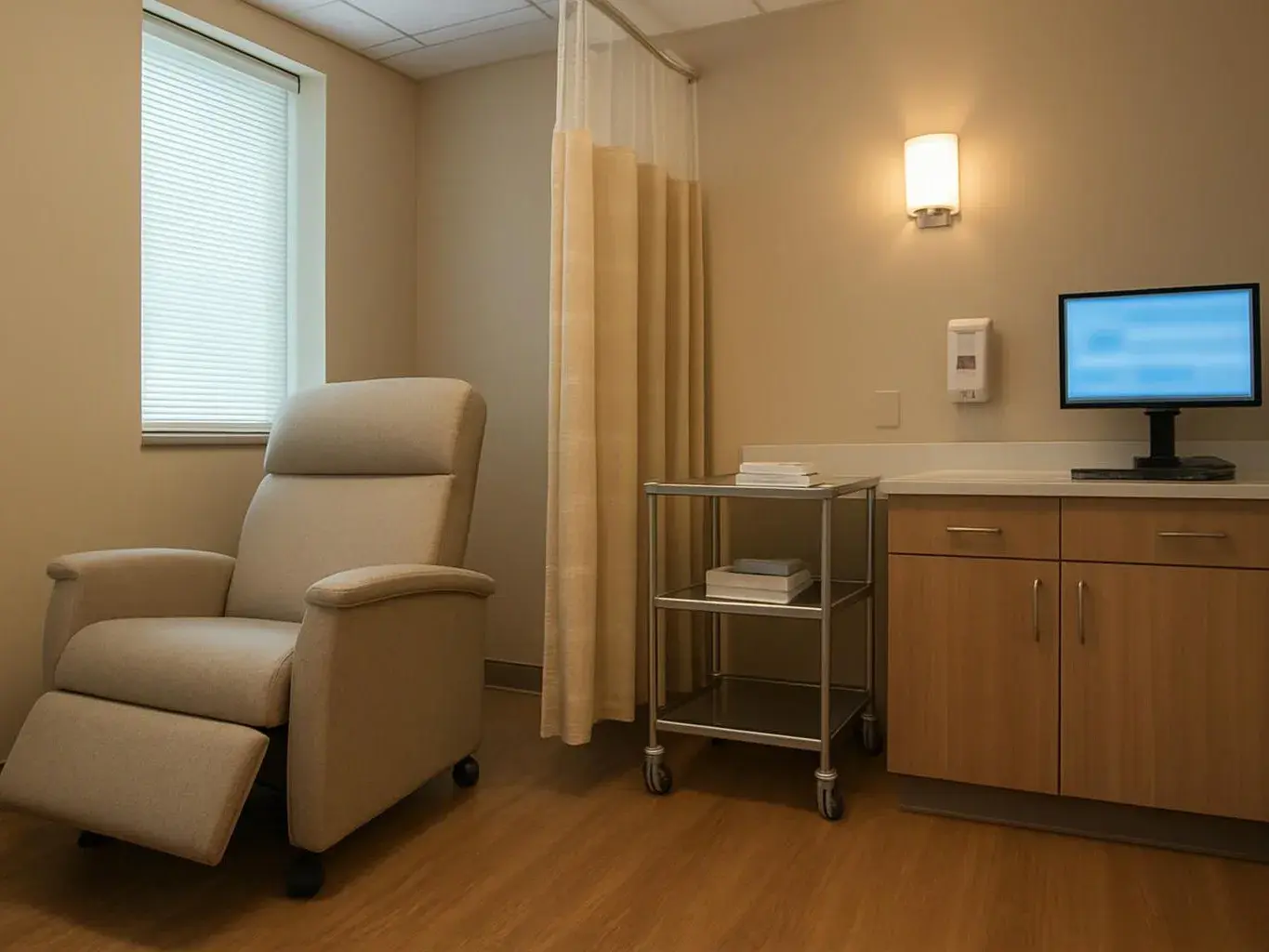 A recliner sits beside a curtained partition, with a wall monitor, cabinet, and medical room furnishings nearby