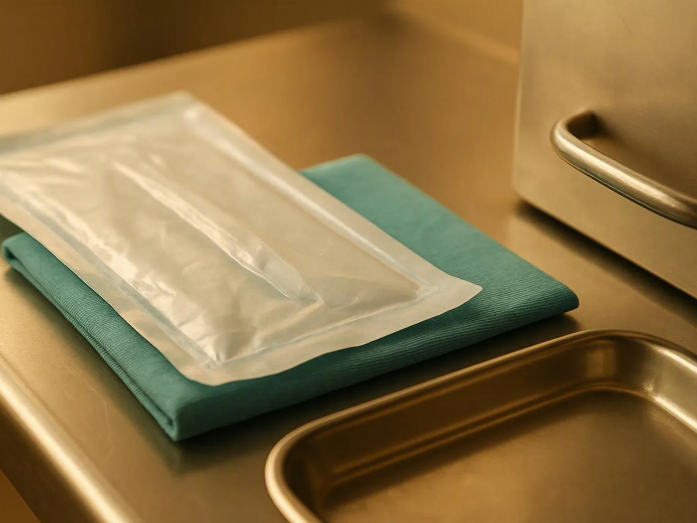 A sealed sterile pouch rests on a folded teal cloth beside a metal tray on a stainless steel surface