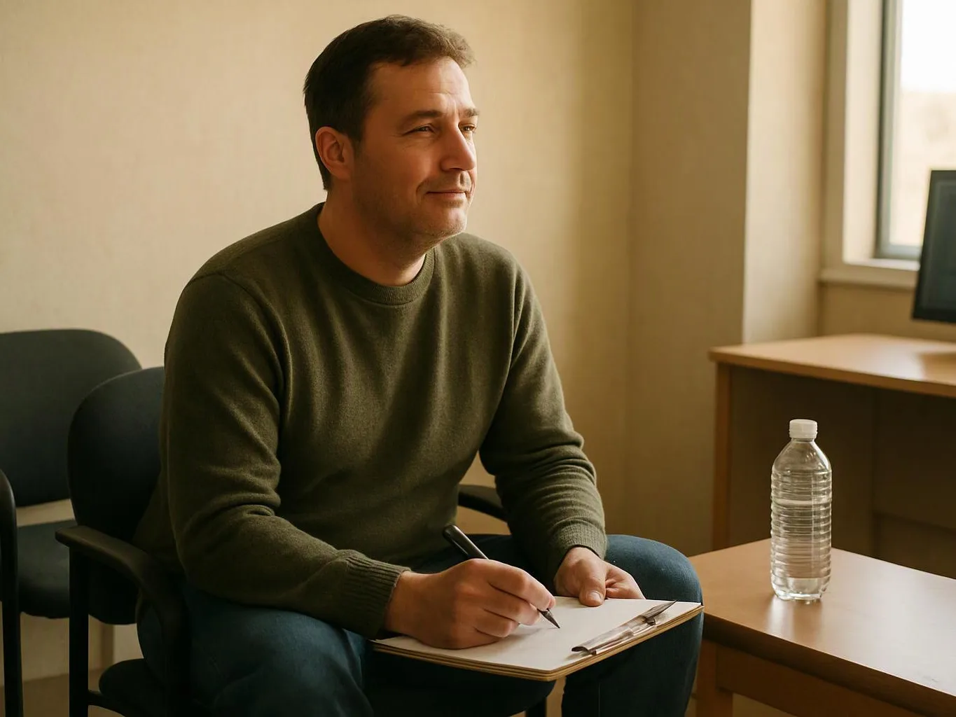 A seated man writes on a clipboard beside a water bottle in a sunlit office room