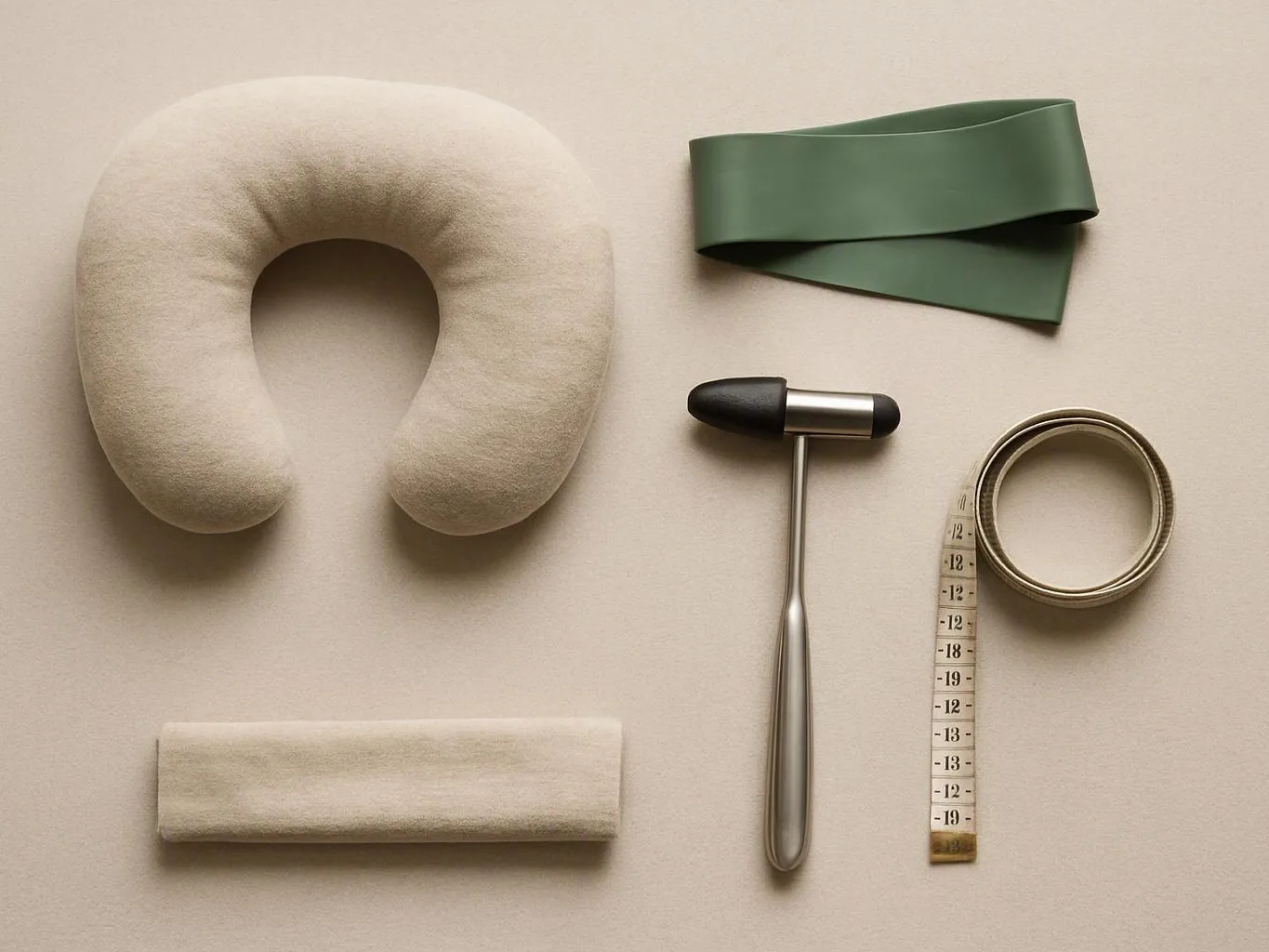 A set of physical therapy tools lies on a beige surface, including a neck pillow, resistance band, massage hammer, tape